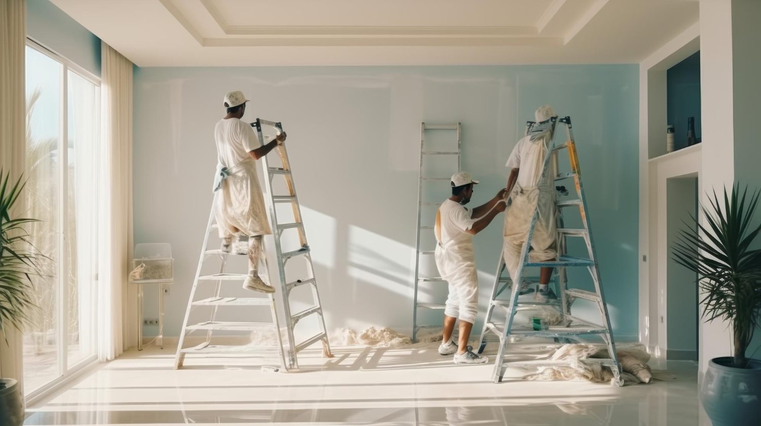 "Professional painters working on interior wall painting in a modern residential room"