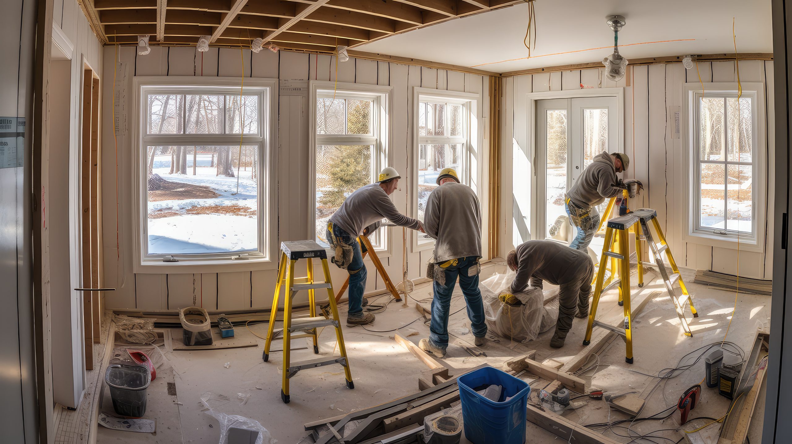 "Construction crew working on interior finishing of a residential home under renovation"
