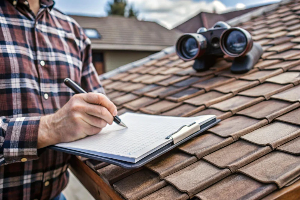 "Inspector taking notes on clipboard during roof inspection with binoculars on tiled roof"