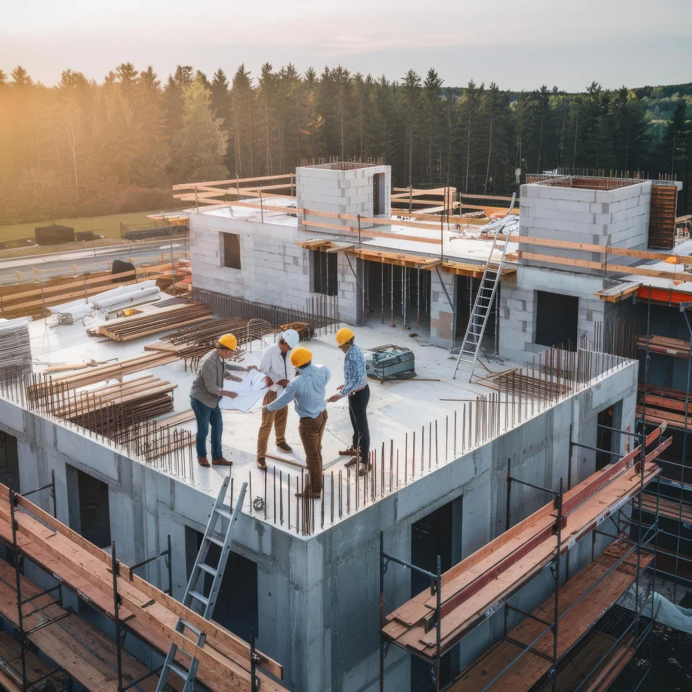 "Construction team inspecting multi-unit building structure during early development phase"