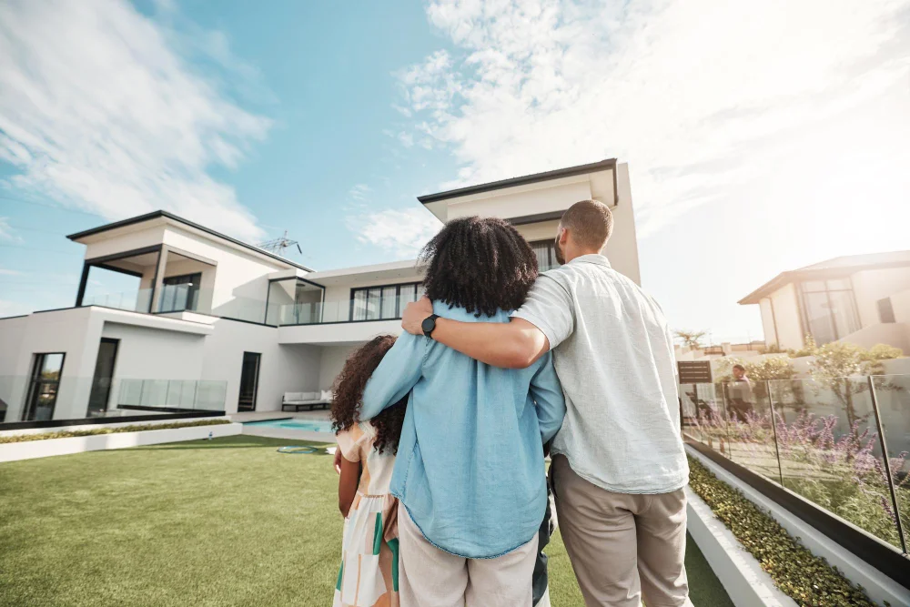"Happy family admiring their new modern home with lawn on a sunny day"
