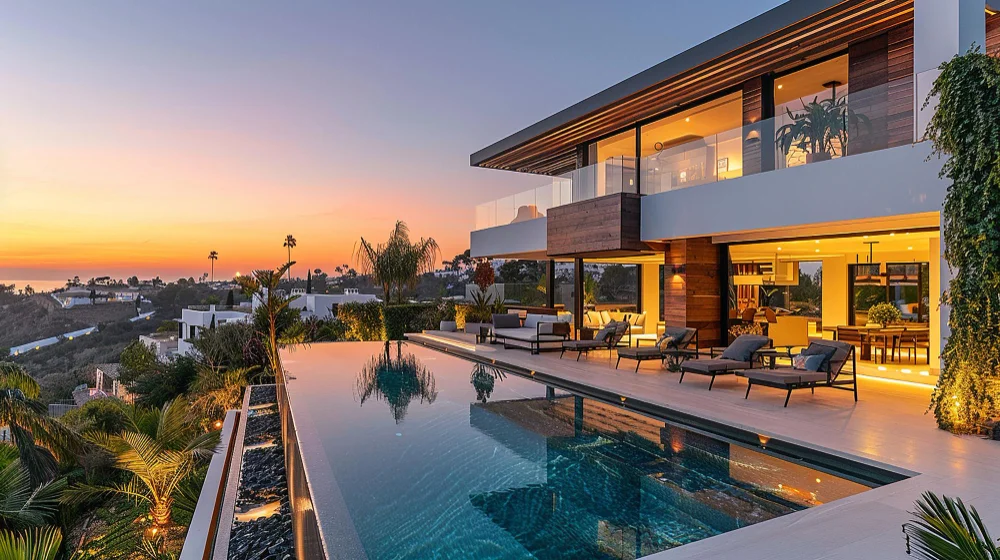 "Modern luxury home with infinity pool and outdoor seating area during sunset"