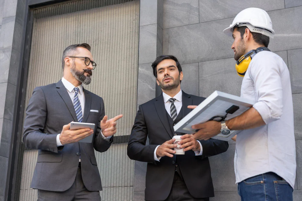 "Businessmen in suits discussing project with construction worker holding tablet at site"