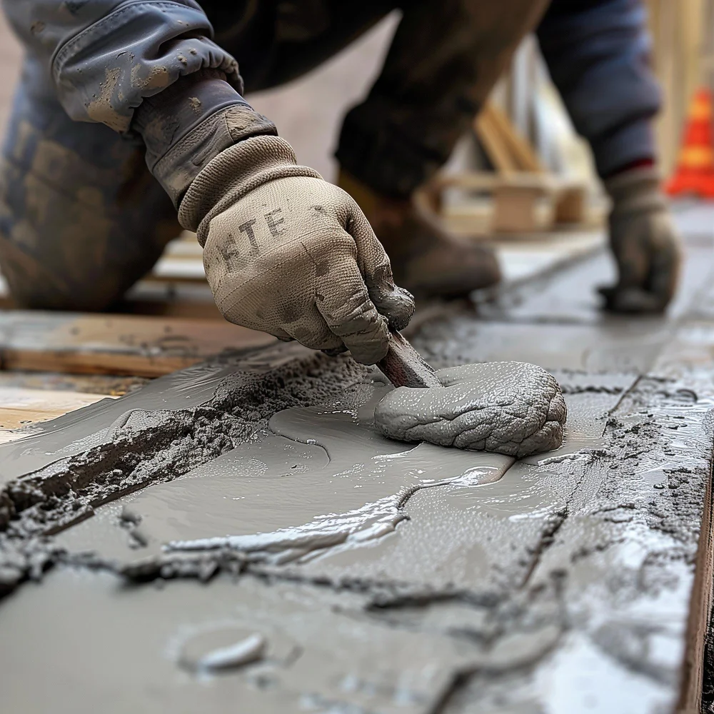 "Close-up of construction worker smoothing wet concrete with trowel during floor finishing"
