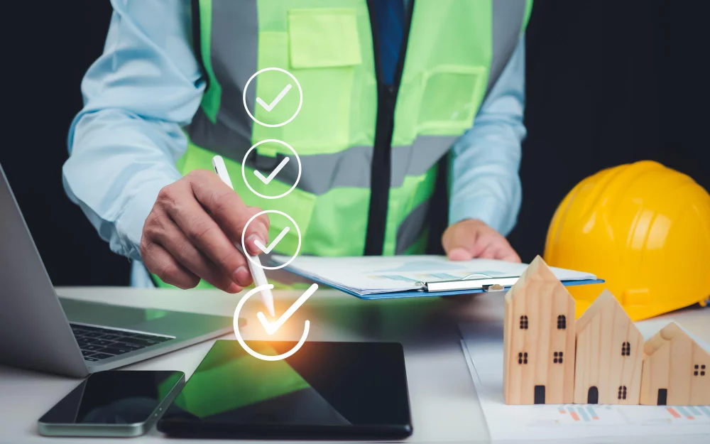 Construction inspector reviewing checklist with tablet, safety helmet, miniature houses on desk