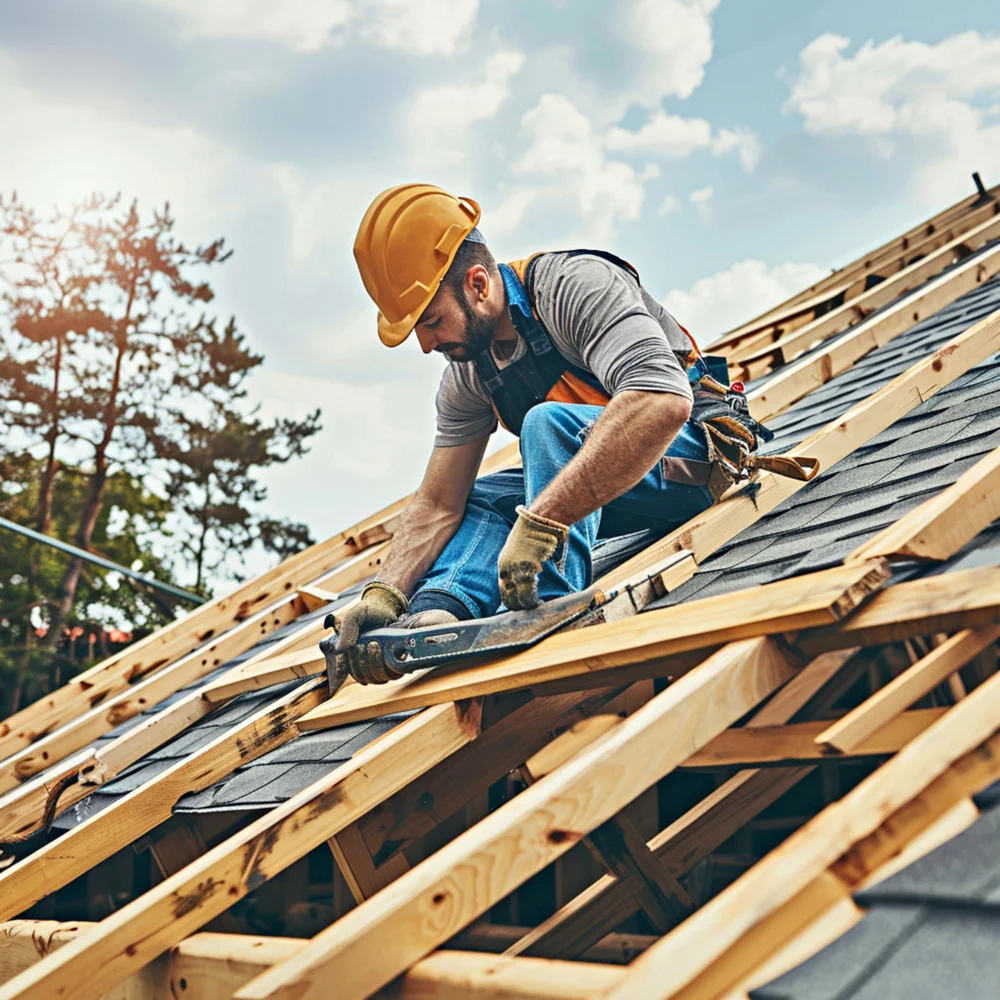 "Construction worker wearing helmet and safety harness installing roofing shingles on wooden frame"