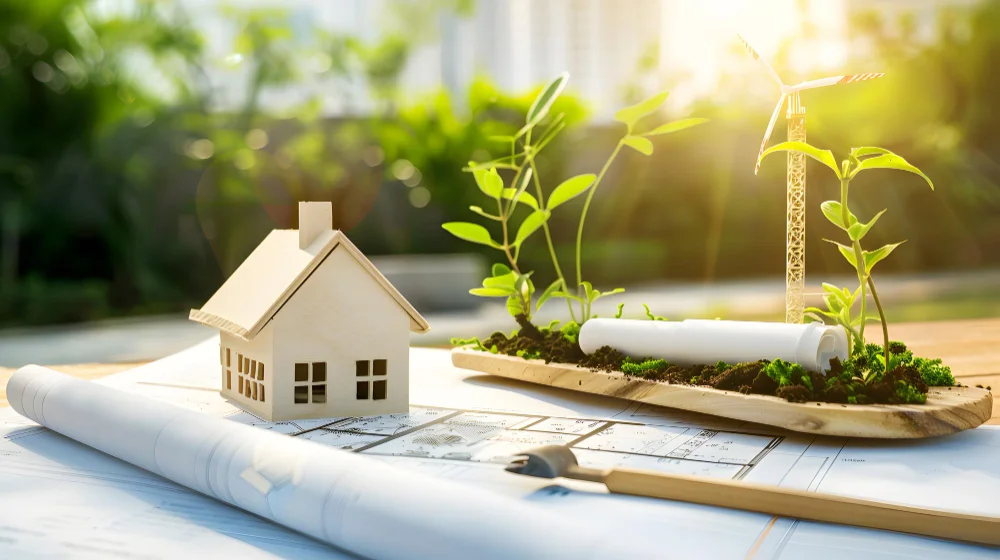 "Wooden house model with green plants and architectural blueprints symbolizing sustainable construction"