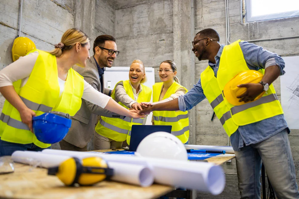 Diverse group of construction professionals in safety vests joining hands in a team huddle inside site