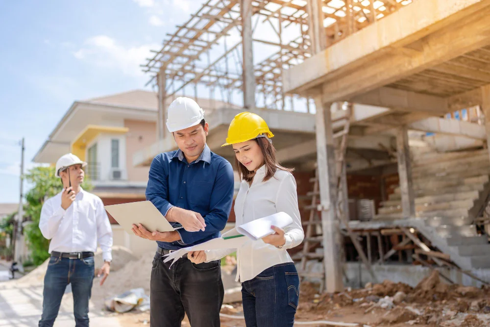 "Construction team reviewing blueprints and digital plans at active building site"
