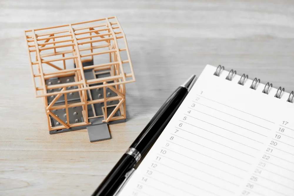 "House frame model with planner and pen on wooden desk for construction scheduling"