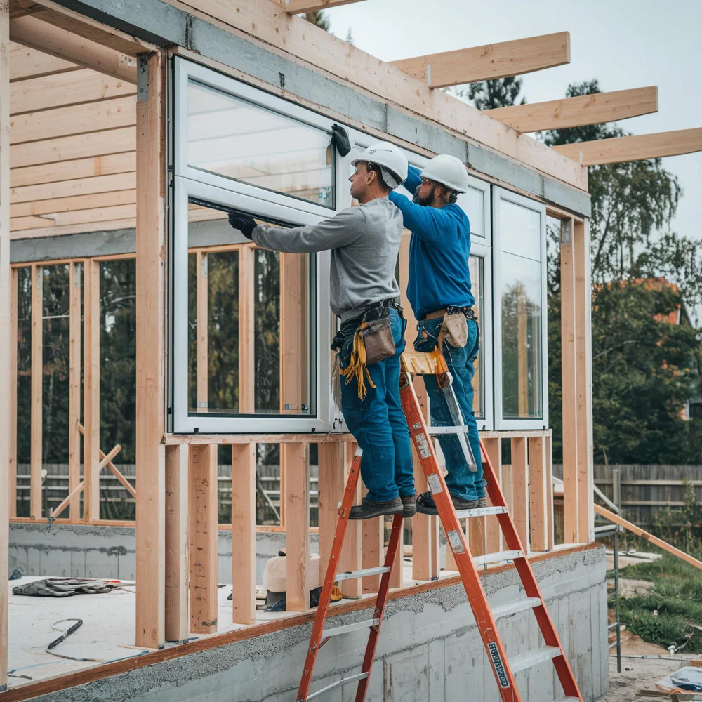"Construction workers installing windows in a framed residential building under construction"