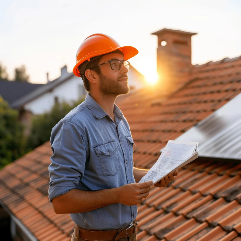 "Construction worker in orange helmet reviewing plans on tiled roof at sunset"