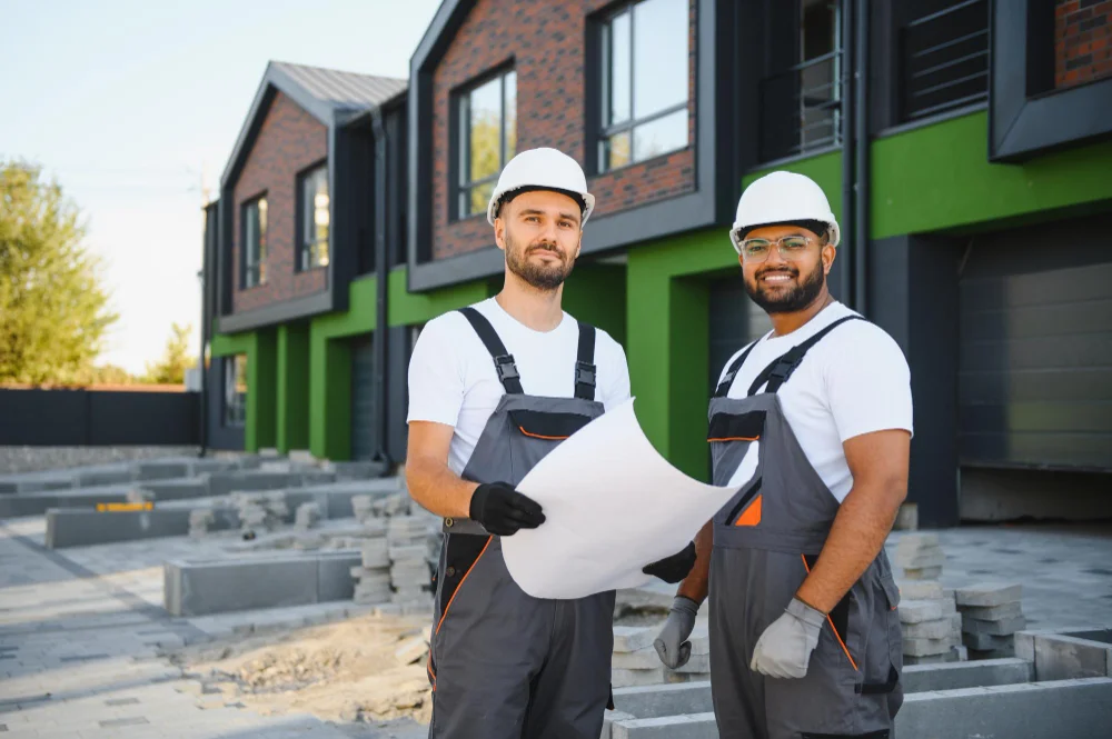 "Two construction workers in safety helmets reviewing blueprints at residential construction site"