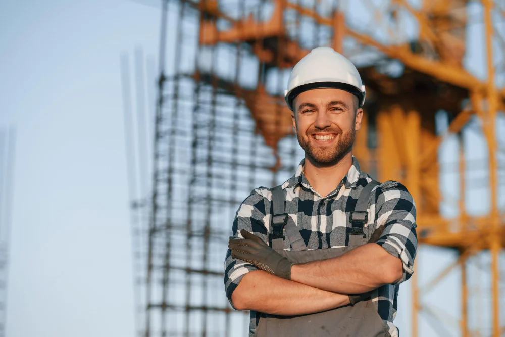 "Smiling construction worker with safety helmet and gloves standing confidently at construction site"