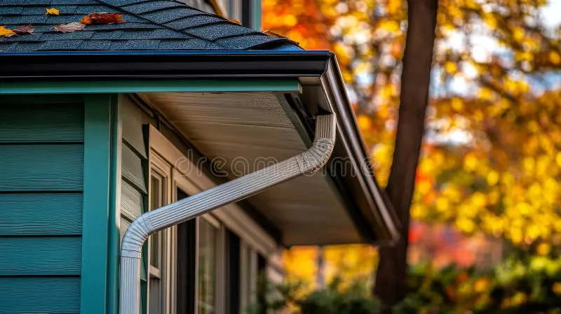 "Close-up of a house gutter system with a white downspout attached to a black gutter against a blurred autumn background"