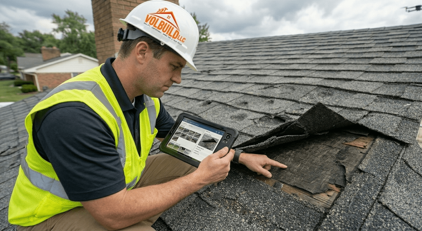 Inspector on roof documenting storm damage with tablet