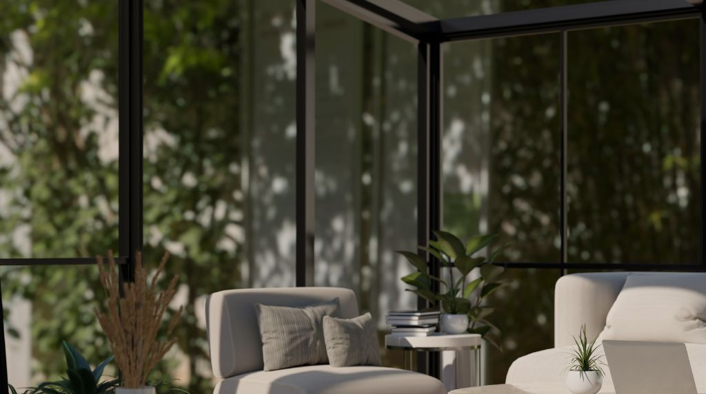 Modern aluminum screen room with full-screen wall system for unobstructed outdoor views and bug-free airflow