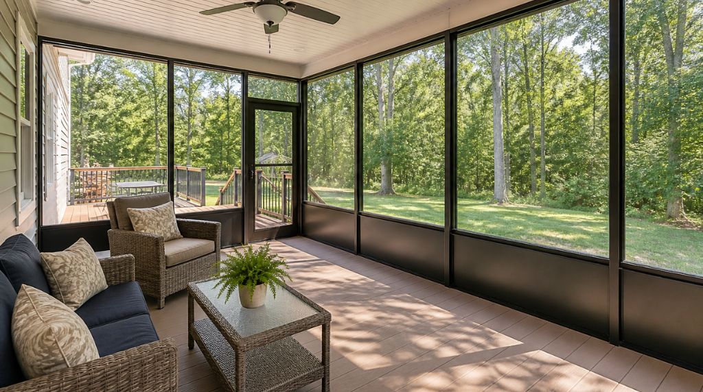Bright aluminum screen room featuring durable kick panels designed to block dirt and debris while maintaining airflow