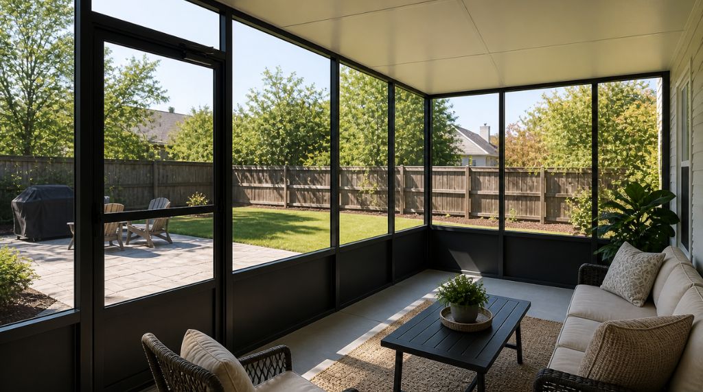 Modern aluminum screen room featuring an insulated solid knee wall system for added durability and future glass enclosure upgrades