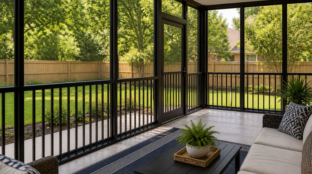 Aluminum screen room with black picket railing system providing safety, airflow, and outdoor comfort for Tennessee homes