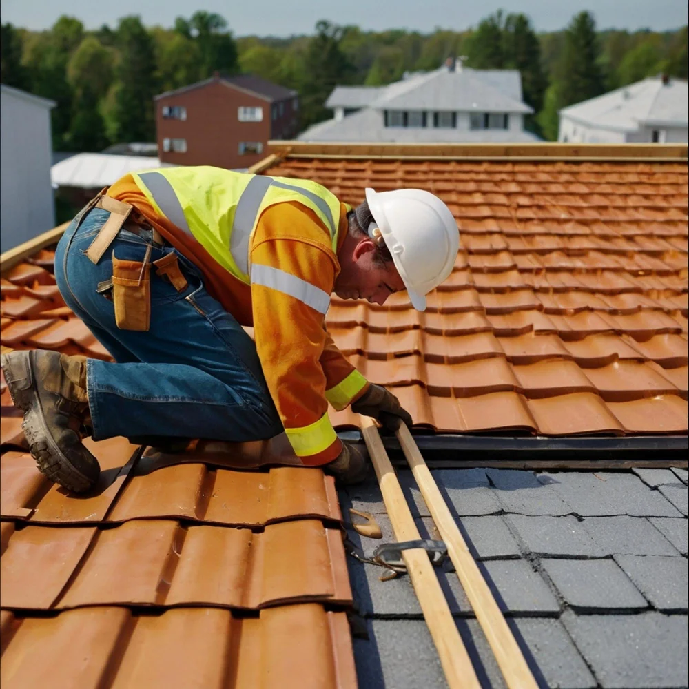 "Roofer in safety gear inspecting and repairing tiled roof"