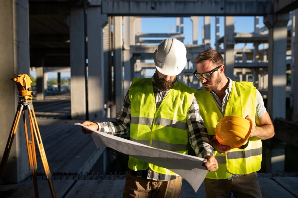 "Two construction workers in reflective vests reviewing blueprints at building site"