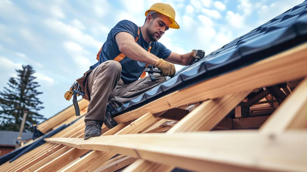 "Construction worker in yellow helmet installing metal roofing panels on wooden roof frame"