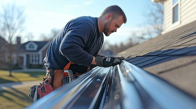 "A focused roofer wearing gloves and tool belt installs or repairs a gutter system on a house roof under clear sky"