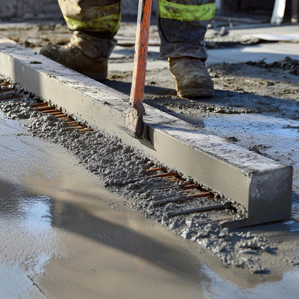 "Construction worker leveling wet concrete slab with straightedge over exposed rebar"